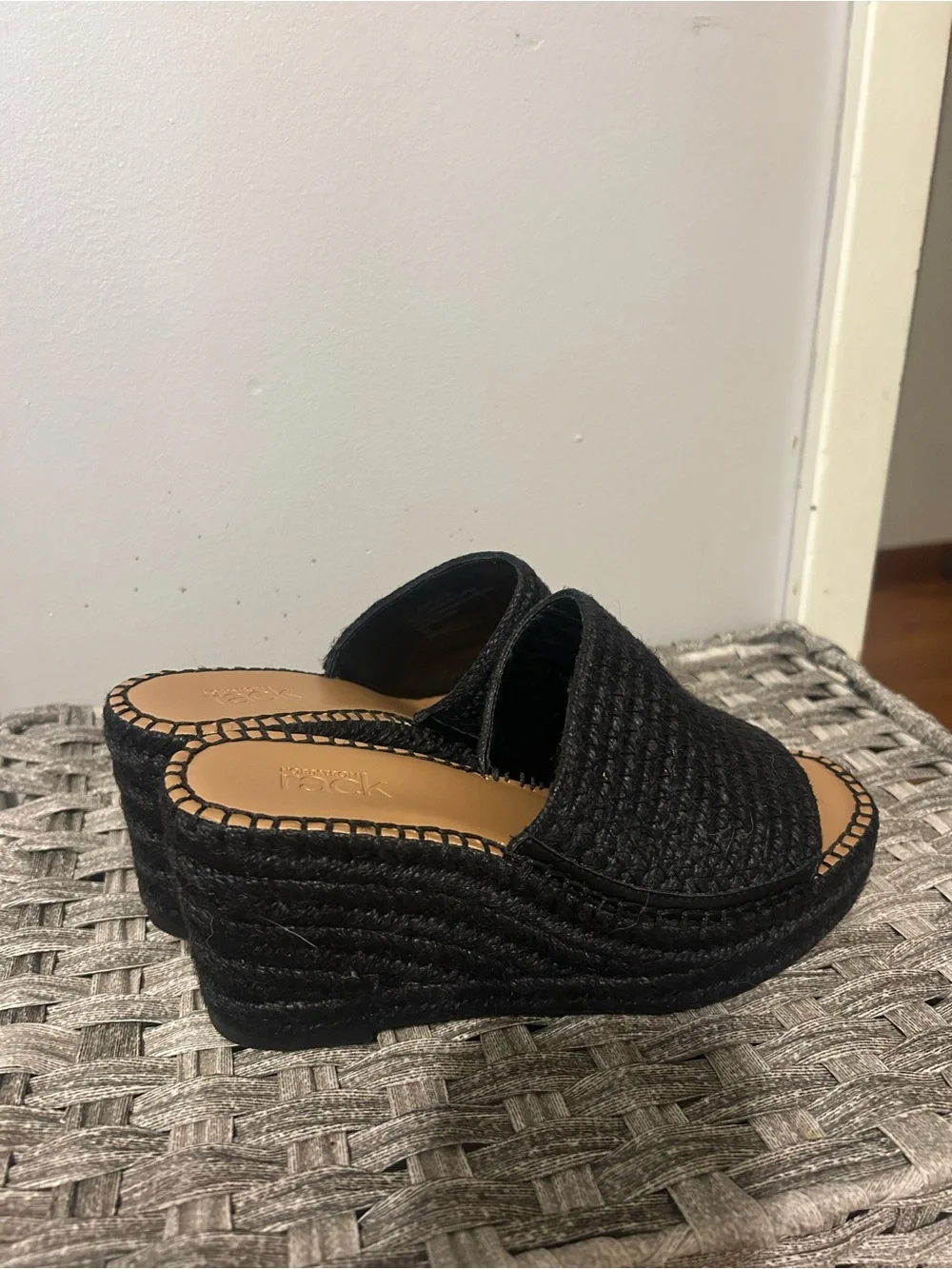 Black Woven Espadrille Wedge Slide - Women's